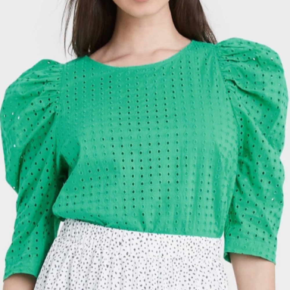 A NEW DAY Green Elbow Sleeve Eyelet Top
